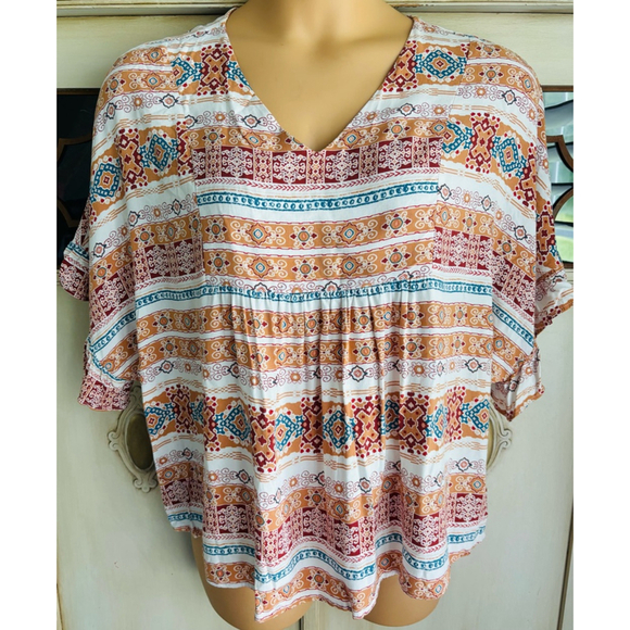 EUC Savana Jane Tribal Print Short Sleeve Boxy Fit Blouse | Size Large - Picture 1 of 9